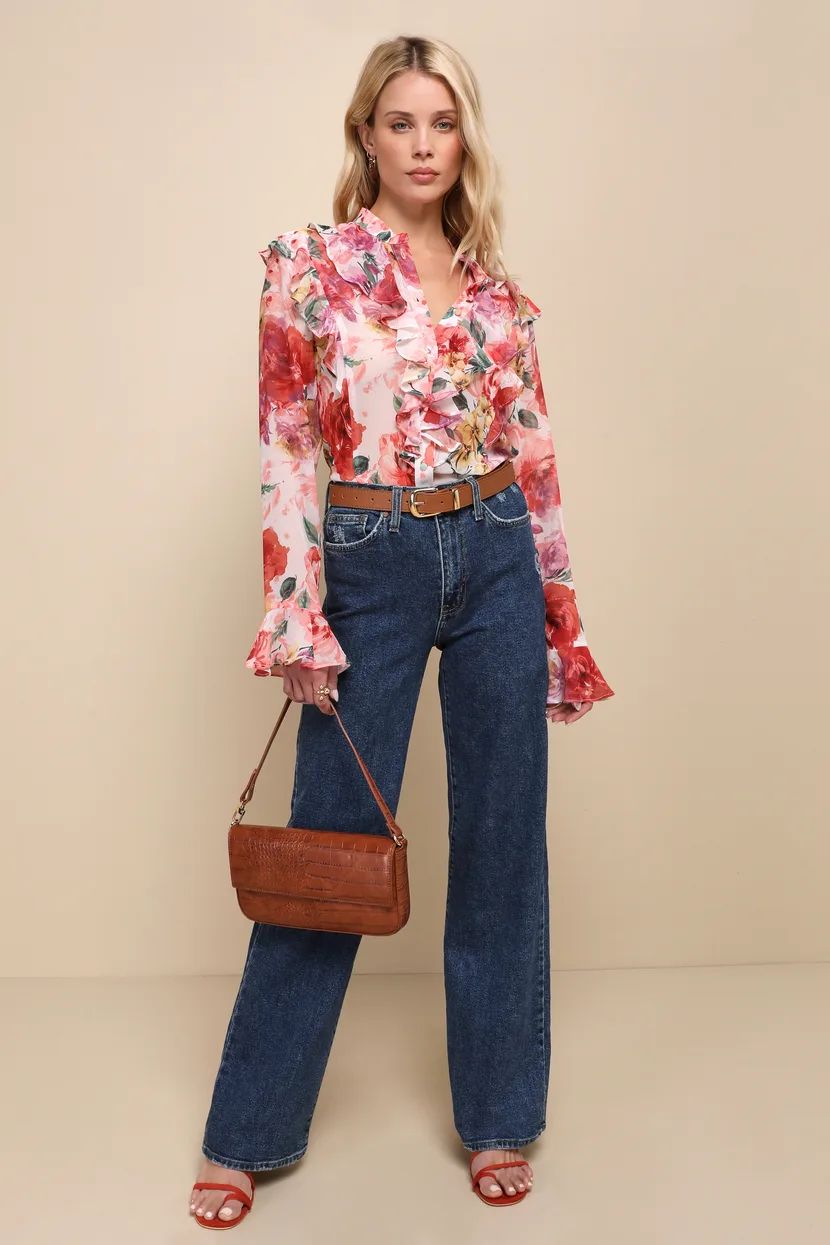 Flourishing Babe Pink Floral Top Pink Button Up Shirt Red And Pink Top Red Floral Top Cute Tops | Lulus