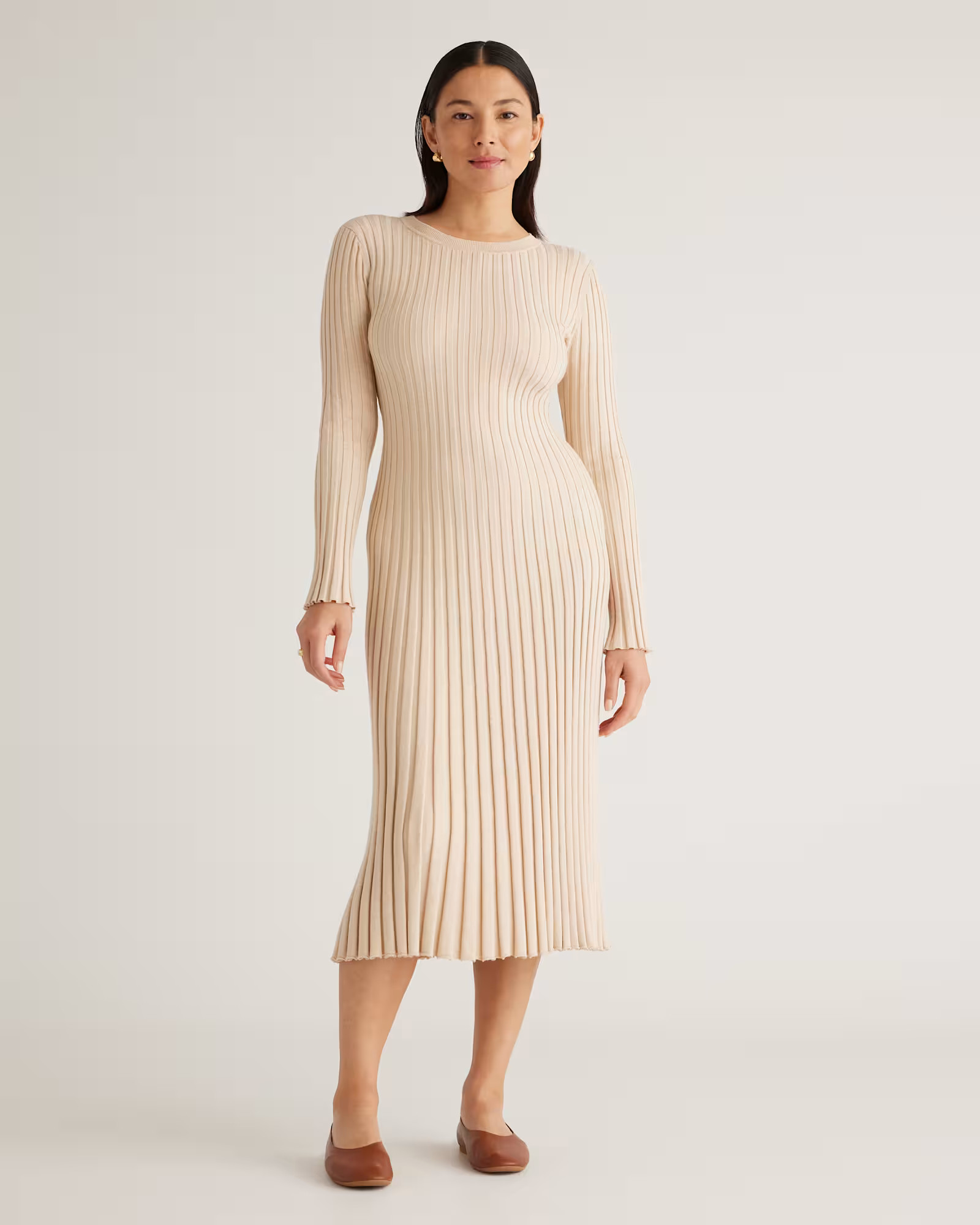 Cotton Cashmere Ribbed Long Sleeve Crew Midi Dress | Quince