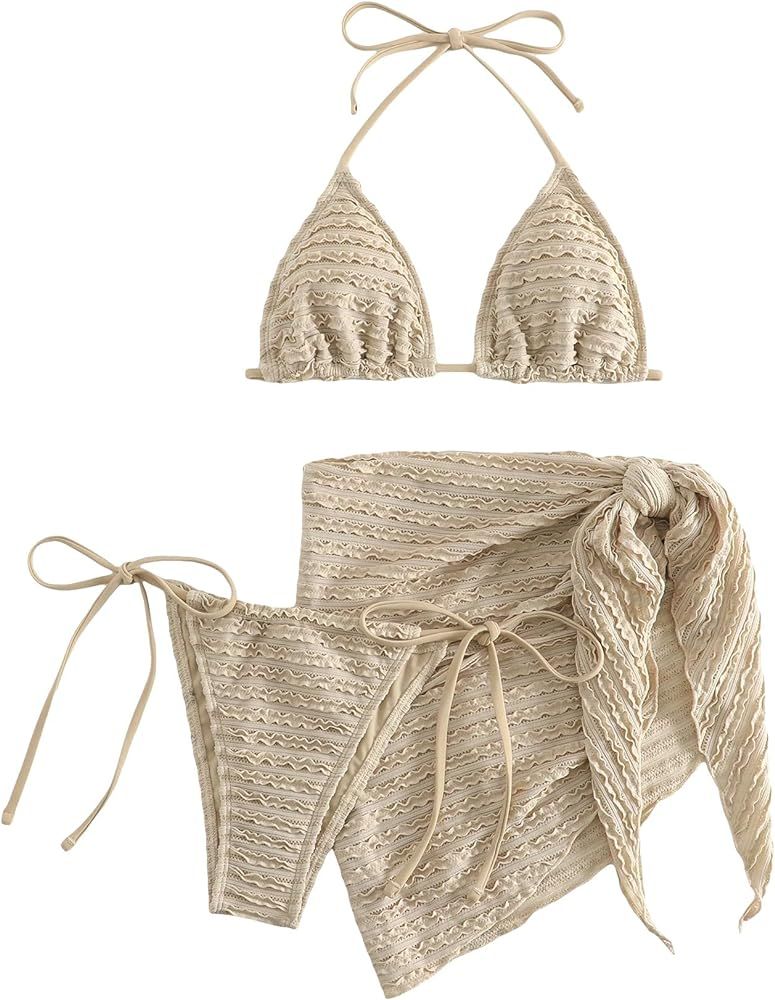 GORGLITTER Women's 3 Piece Swimsuits Halter Triangle String Bikini Set with Beach Skirt Swimwear ... | Amazon (US)
