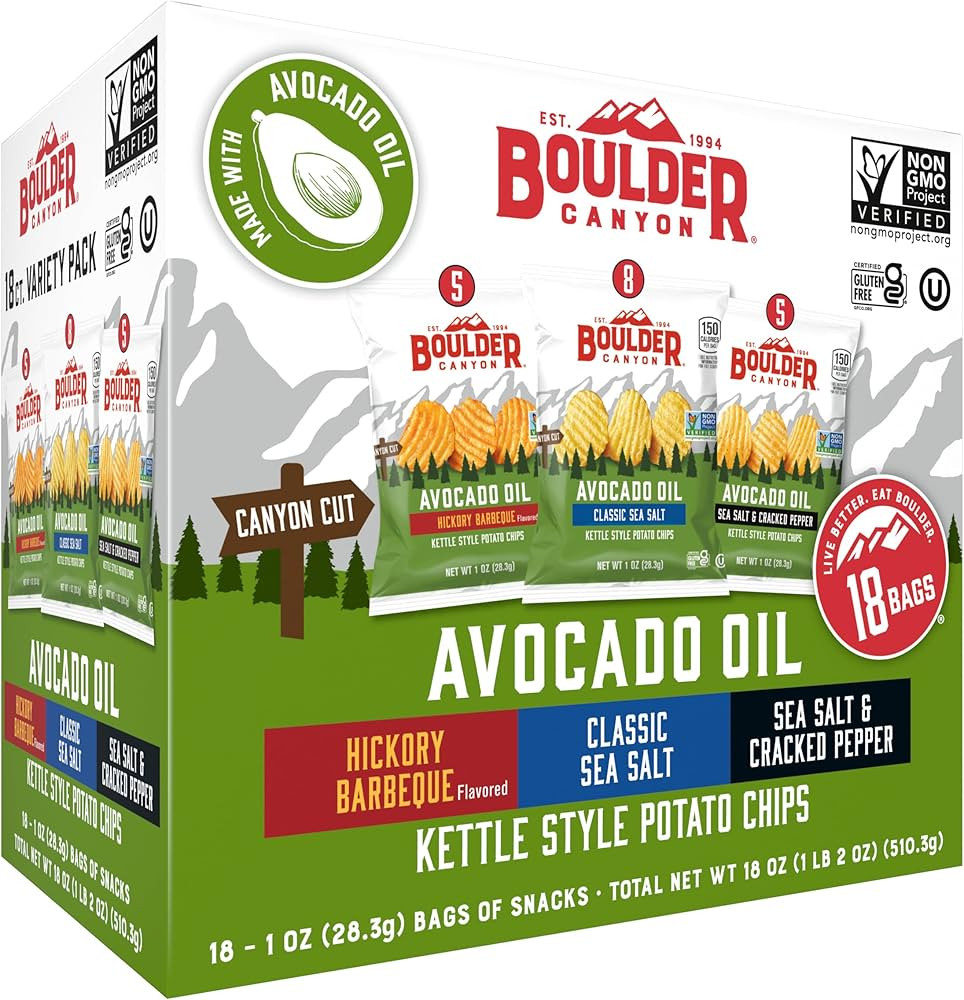 Boulder Canyon Avocado Oil Kettle Style Potato Chips Variety Pack, 18 Count - Gluten-Free, Non-GM... | Amazon (US)