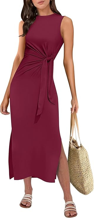 ANRABESS Womens Summer Casual Sleeveless T Shirt Midi Dress Slim Fit Tie Waist Split Tank Long Dr... | Amazon (US)