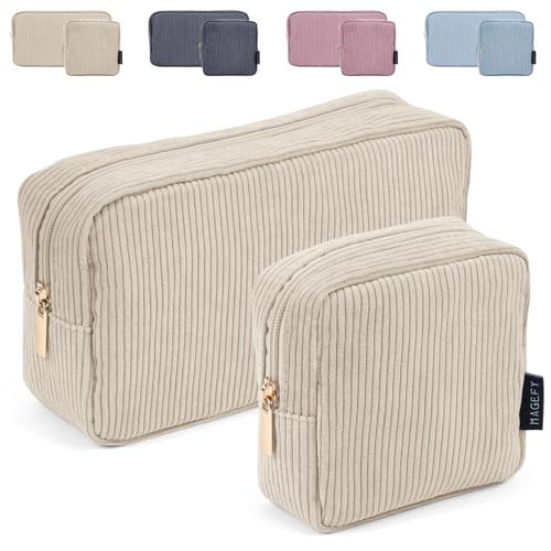 MAGEFY Makeup Bag for Purse, 2 Pcs Corduroy Cosmetic Bag for Girls Women Small Travel Makeup Pouch with Zipper(Beige) | Amazon (US)