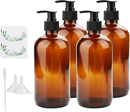 Press Pump Bottles, Maredash Amber Glass Storage Bottle with Black lids & Labels, Liquid soap Dis... | Amazon (US)