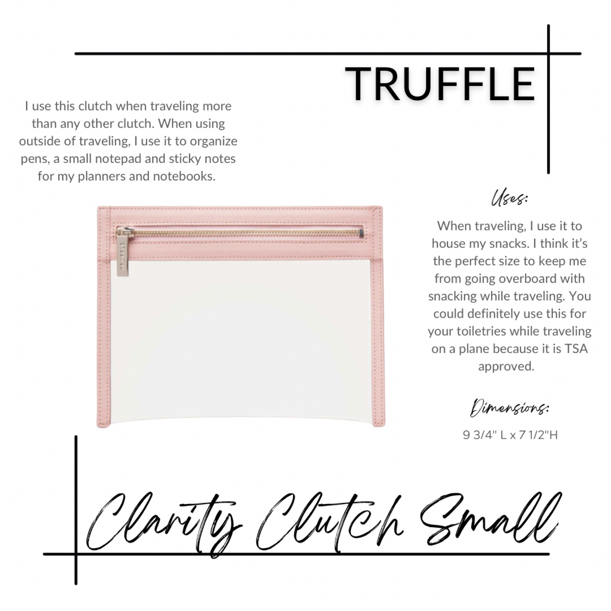 This clutch doesn’t get as much use as I’d like, so I’m going to change that! When I travel, I use this for my snacks. I am a huge snacker so having a small bag keeps me from over indulging. I would also use this to organize toiletries if I needed to  

#LTKstyletip #LTKbeauty #LTKtravel