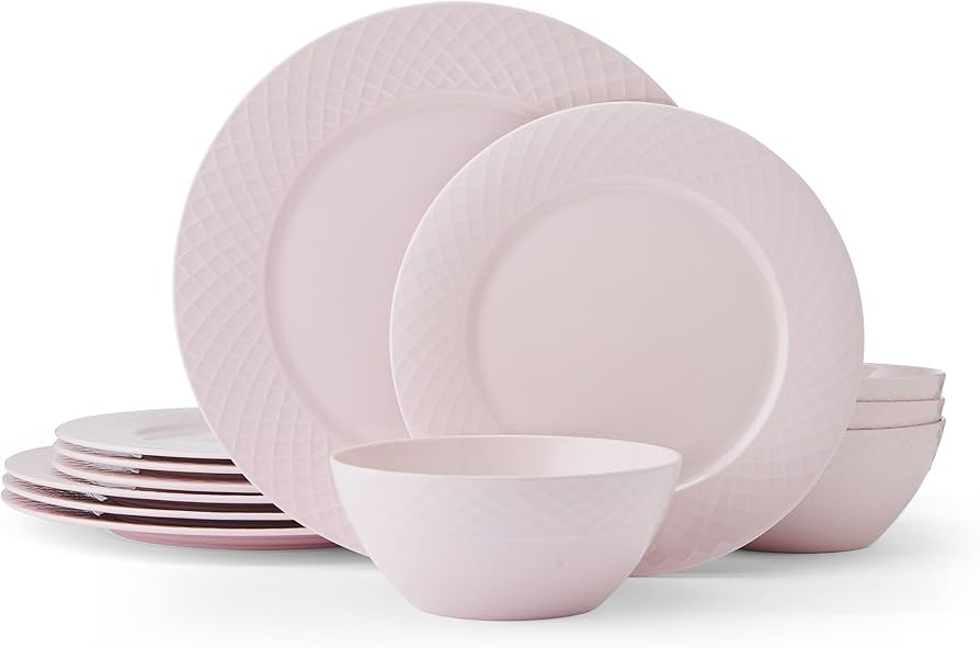 Miksa Trellis Pink Bone China Chip Resistant Lightweight 12 Piece Dinnerware Set, Service for 4 | Amazon (US)