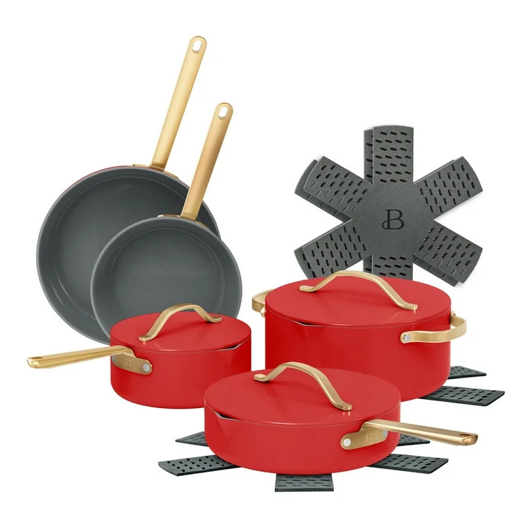 Beautiful 12-Piece Ceramic Nonstick Cookware Set, Pots and Pans with Strainer Lids, Tomato Red by... | Walmart (US)