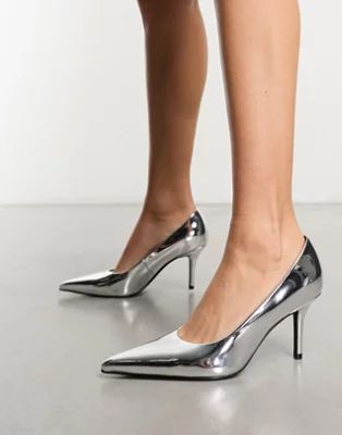 ASOS DESIGN Sienna mid heeled court shoes in silver | ASOS (Global)
