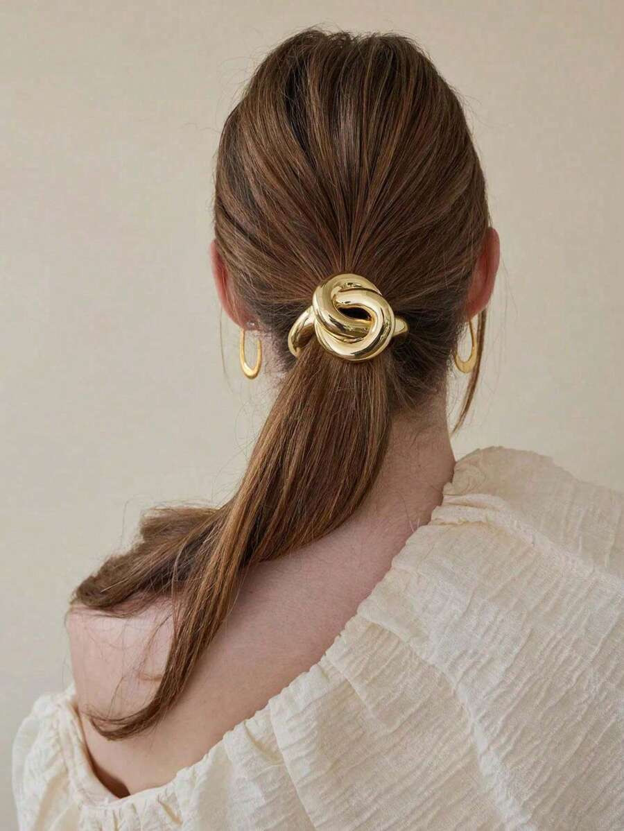 1pc Elegant Golden Metal Geometric Hair Tie, Women's Luxury Style Ponytail Holder, Simple Chic Ha... | SHEIN