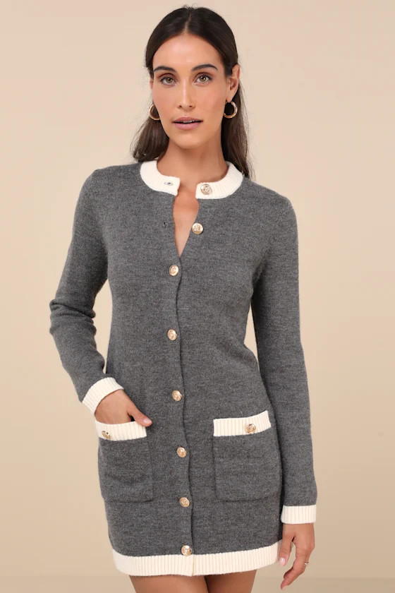 Sophisticatedly Cozy Grey and Ivory Button-Up Sweater Mini Dress | Lulus