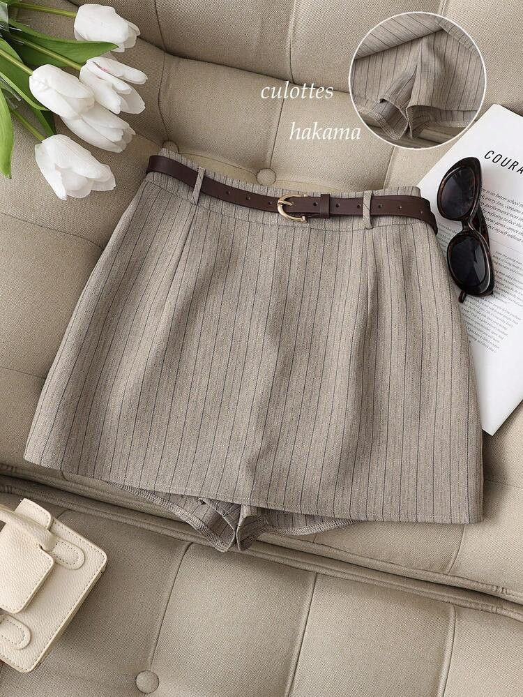 Franclia Casual Commuting Fashion All-Match High Waist With Brown Belt Soft Texture Striped Yarn-... | SHEIN