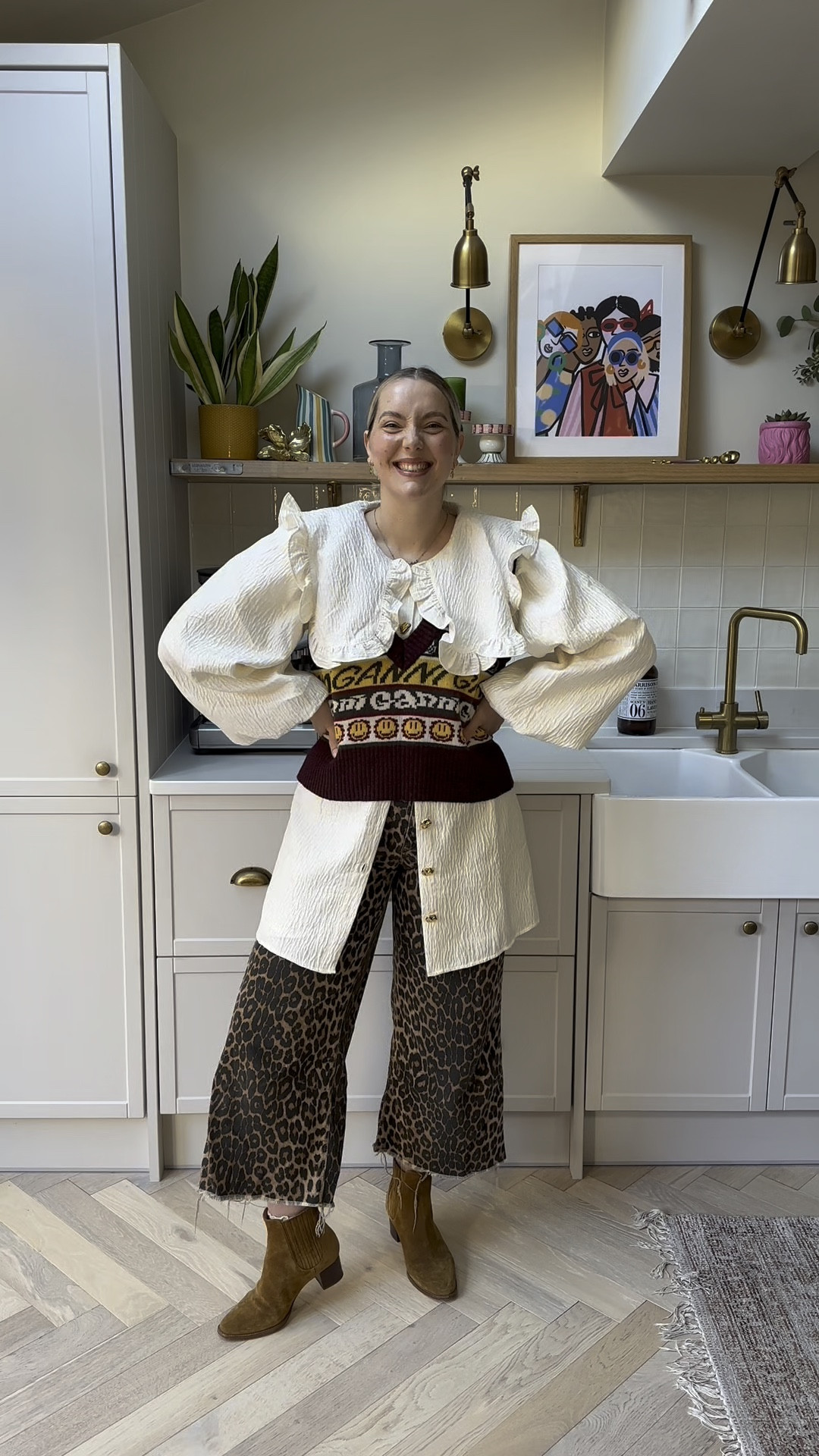 Special outfit, featuring a mini dress as a long shirt
Sezane Boots
Zara Leopard Print Jeans (size 10)
Ghospell Dress (size medium)
Ganni knitted vest (size large)
Worn well Suede Jacket
Ganni bag

#LTKmidsize #LTKuk #LTKwinter