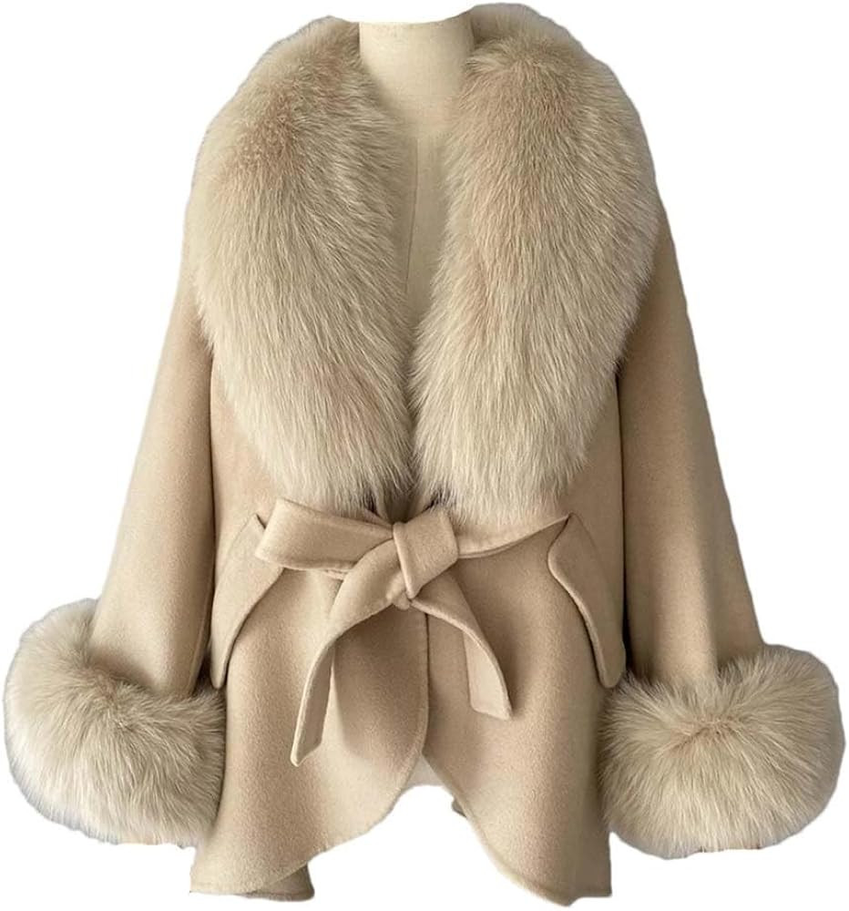 Women Autumn Winter Loose Style Wool Coat With Real Fox Solid Color Wool Blend Coats | Amazon (US)