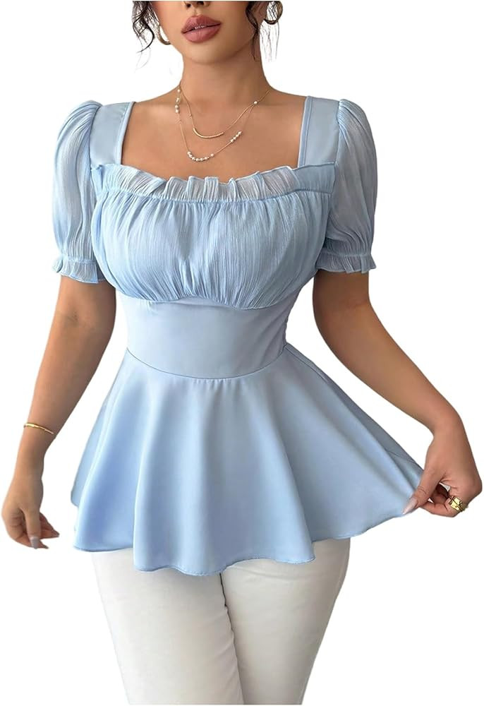 Floerns Women's Elegant Blouse Tops Puff Sleeve Ruched Bust Ruffle Dressy Casual Peplum Top | Amazon (US)