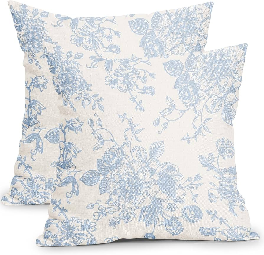 Vintage Floral Pillow Covers 18x18 Inch Set of 2 Baby Blue and Cream Floral Throw Pillow Covers C... | Amazon (US)