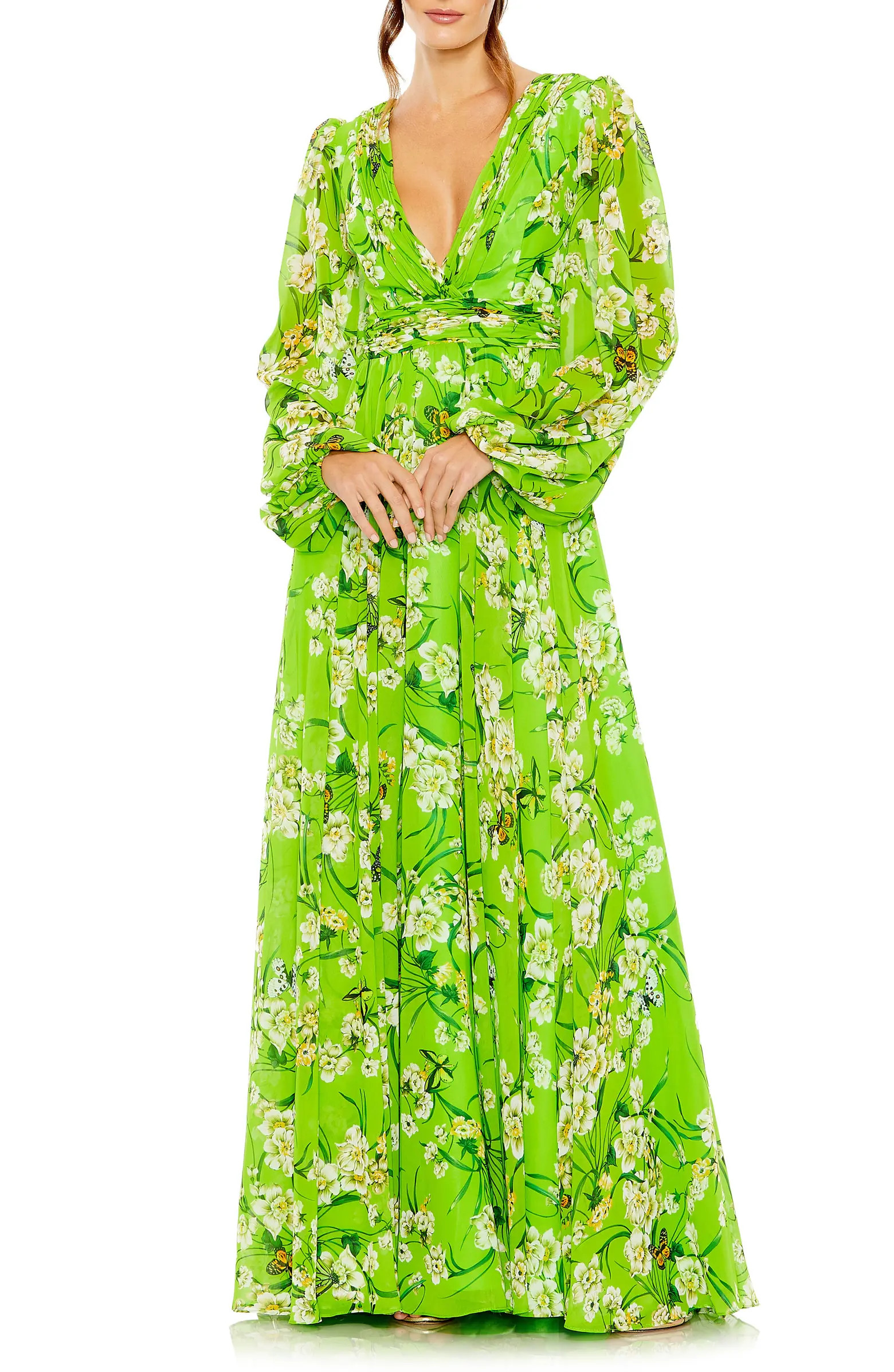 Floral Long Sleeve Chiffon A-Line Gown | Nordstrom