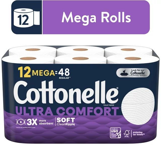 Cottonelle Ultra Comfort Toilet Paper, 12 Mega Rolls, 268 Sheets per Roll (3,216 Total) | Walmart (US)