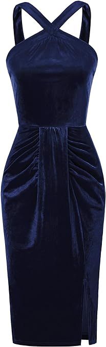 Belle Poque Women's Vintage Cocktail Dress Halter Neck Midi Velvet Bodycon Dress with Slit | Amazon (US)