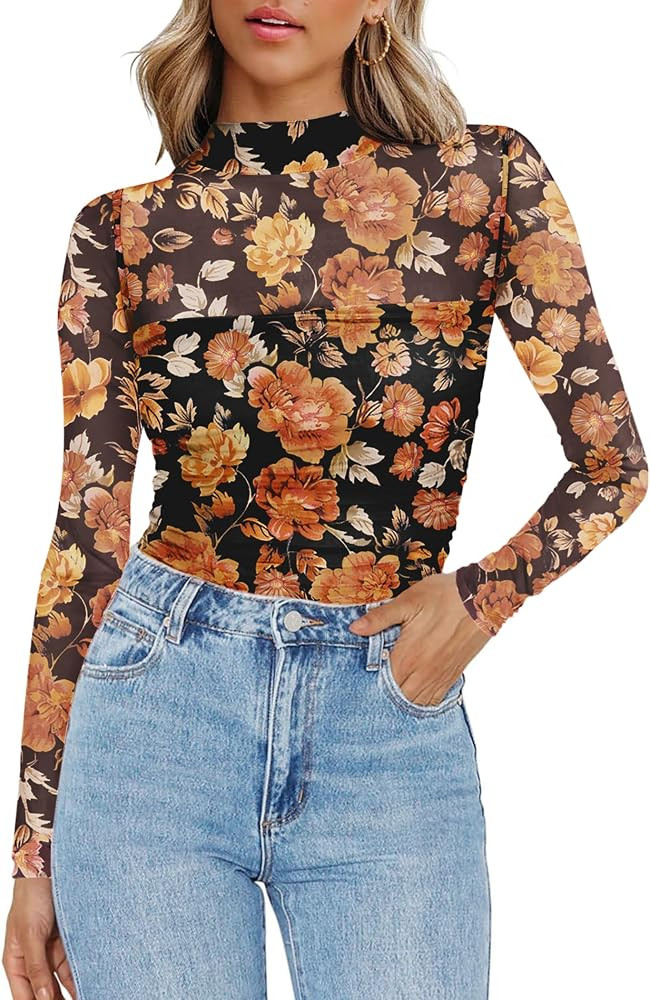 Zeagoo Womens Mesh Sheer Long Sleeve Top Mock Turtle Neck See Though Shirts Ruched Sexy Casual Go... | Amazon (US)