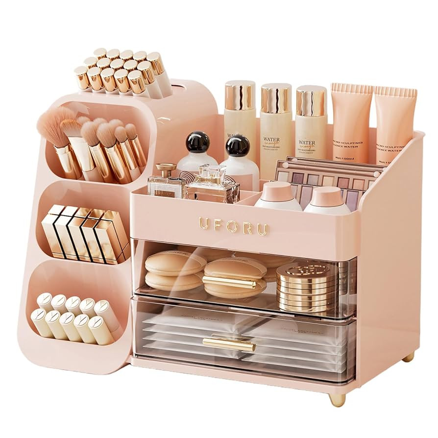 Makeup Organizer for Vanity with Brush Holder, Countertop Organizer with 2 Drawers, Spacious Cosm... | Amazon (US)