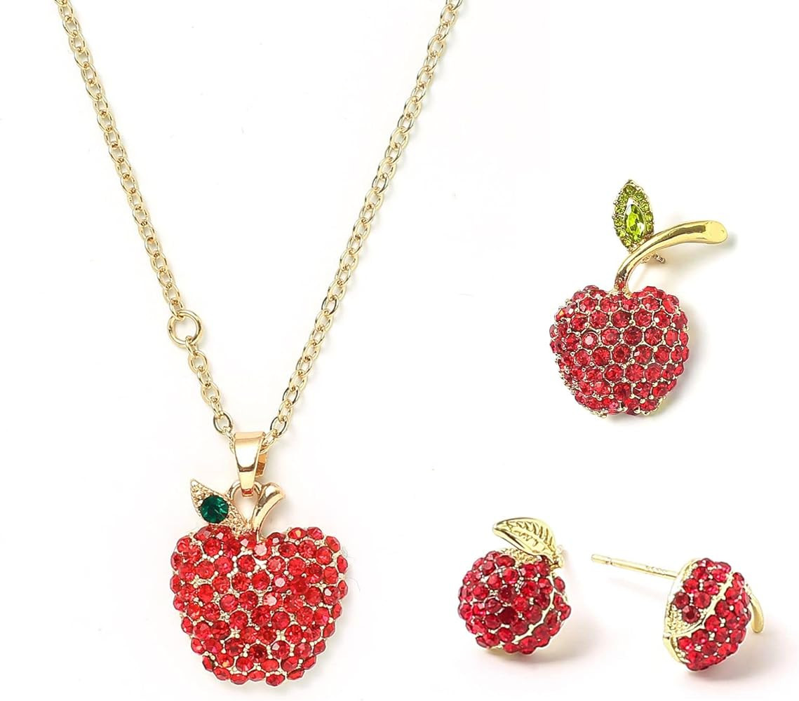 FABMODE Apple Jewelry Set for Women Rhinestone Necklace Earring Brooch Pin Gift for Mother Teache... | Amazon (US)