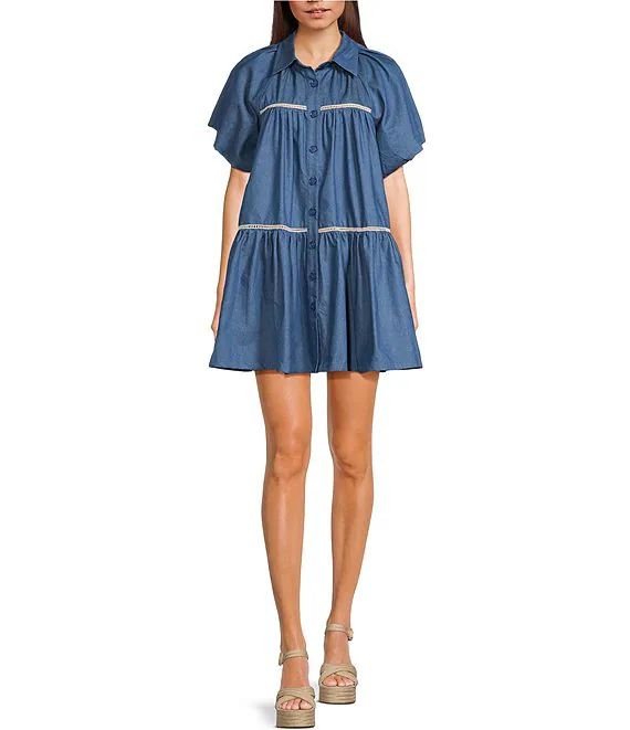 En Saison Tara Point Collar Short Bubble Sleeve Side Pocket Button Down Mini Shirt Dress | Dillar... | Dillard's