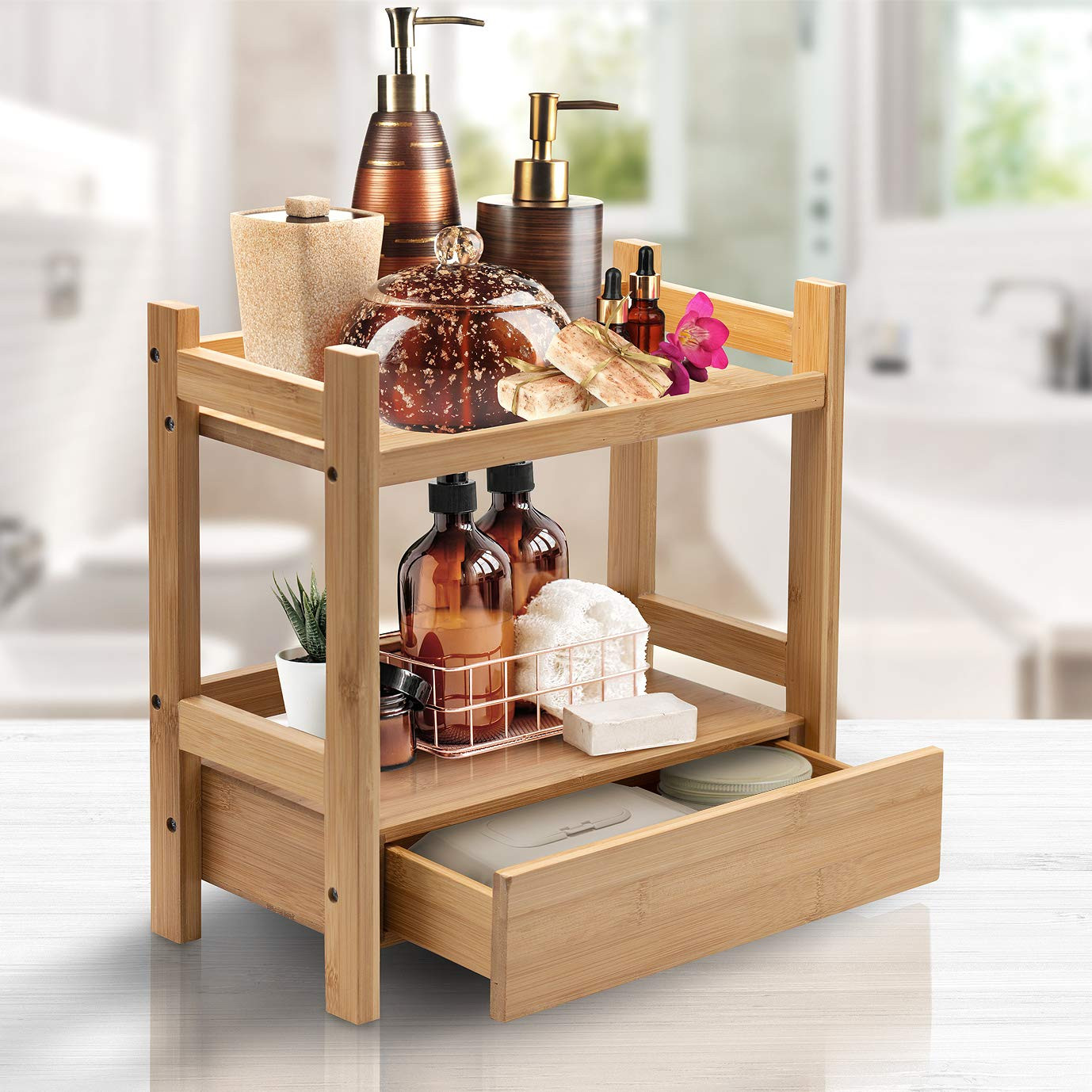 Sorbus Bamboo Bathroom Counter Organizer – 2-Tier Shelf with Hidden Drawer for Vanity, Matcha S... | Amazon (US)