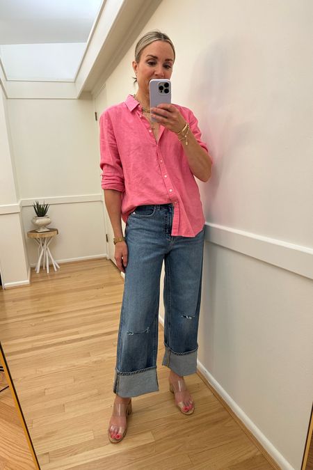 Weekend ootd! Pink linen button up shirt, loose wide leg jeans, lace up sandals, summer outfit, summer style 2023x #ltksummer

#LTKunder50 #LTKstyletip #LTKFind