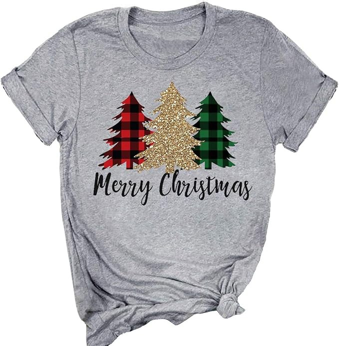 Beopjesk Christmas Shirts Womens Leopard Plaid Trees Printed Casual Short Sleeve Graphic Tees Top... | Amazon (US)
