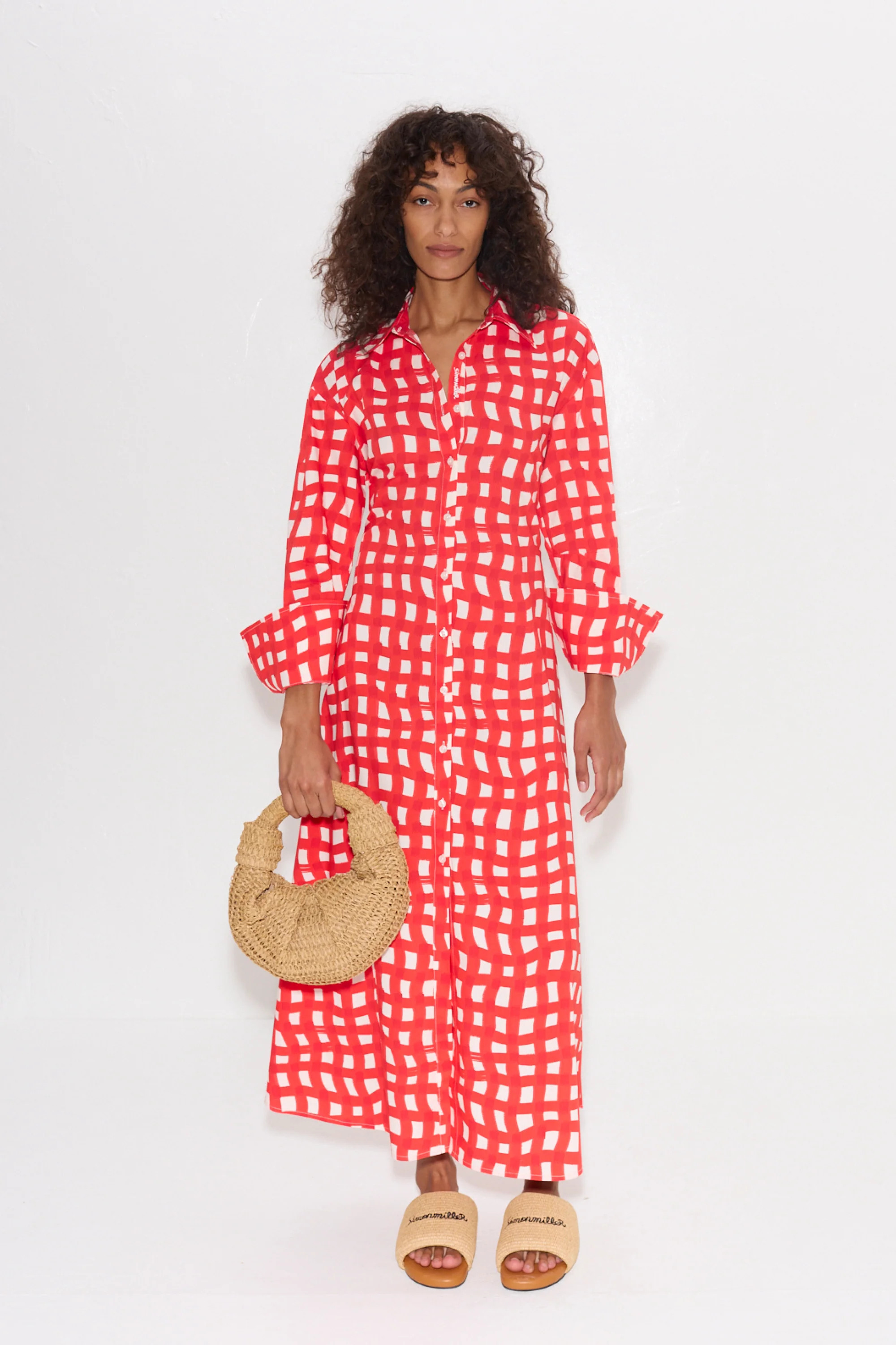 Loch
           Poplin Maxi Dress in Cherry Red Wavy Gingham | Simon Miller