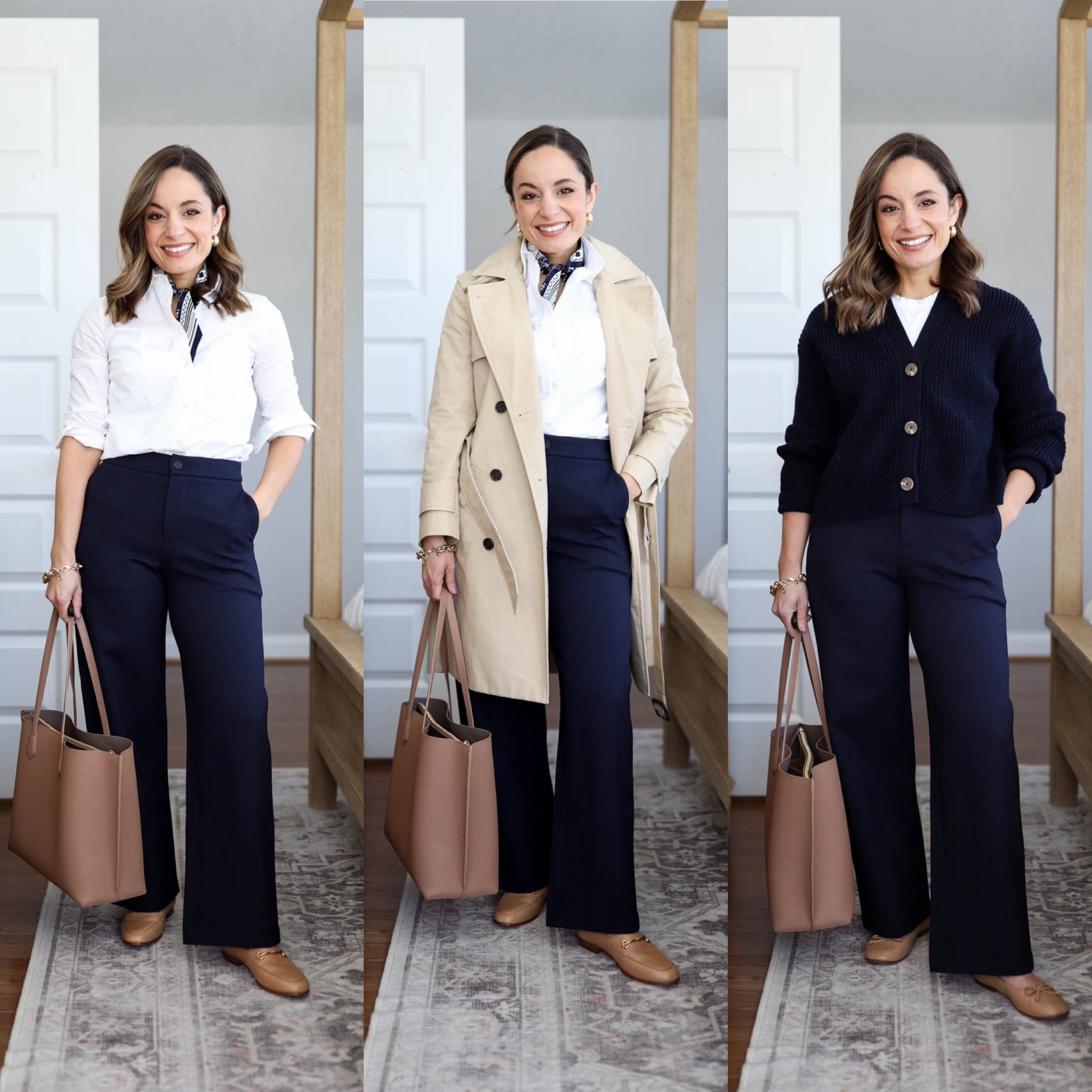 Recent Reels outfits recap! All of the outfits I shared last week in one place. 

Navy pants five ways 

Navy Pants: petite 24 
White button down: petite xxs 
Trench coat: petite 00 
Navy cardigan: xs 
Light blue sweater: xxs 
White long sleeve: xs 
Cropped trench: xxs 
Green sweater: xs 

Casual outfits for work 
Pink pants: 24 standard 
White long sleeve: xs 
Cropped trench:  xxs 
Pants: petite 24 
White button down: petite xxs 
Trench coat: petite 00 
Jeans: petite 24 
Light blue sweater: xxs 
Navy blazer: petite 00 

Early spring outfits 
Pink pants: 24 standard 
White top: petite xxs 
Jeans: petite 24 
Boho top: petite xxs 
White jeans: petite 24 
Pink sweater: xs 

One dress all seasons 
Dress: petite 00 (wearing petite 0, recommend 00) 
White top: petite xxs 
Trench coat: petite 00 
