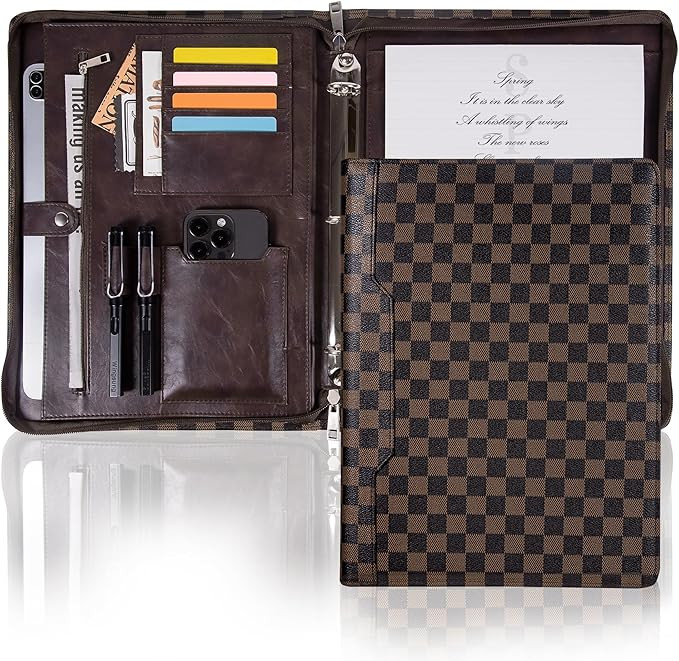 Calfinder Zipper Portfolio Binder,Leather Portfolio 3 Ring Binder,Brown Padfolio for Women and Me... | Amazon (US)