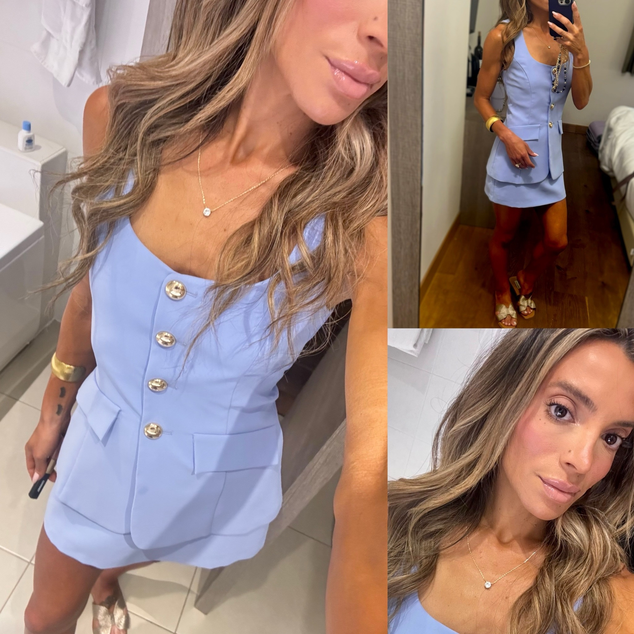 Italy🇮🇹 work ‘fit! Size XS- obsessed with the color and great quality. This looks like a skirt / romper but it’s actually shorts (skort) ! Short enough for petites ! 
Plus some of my beauty favs !