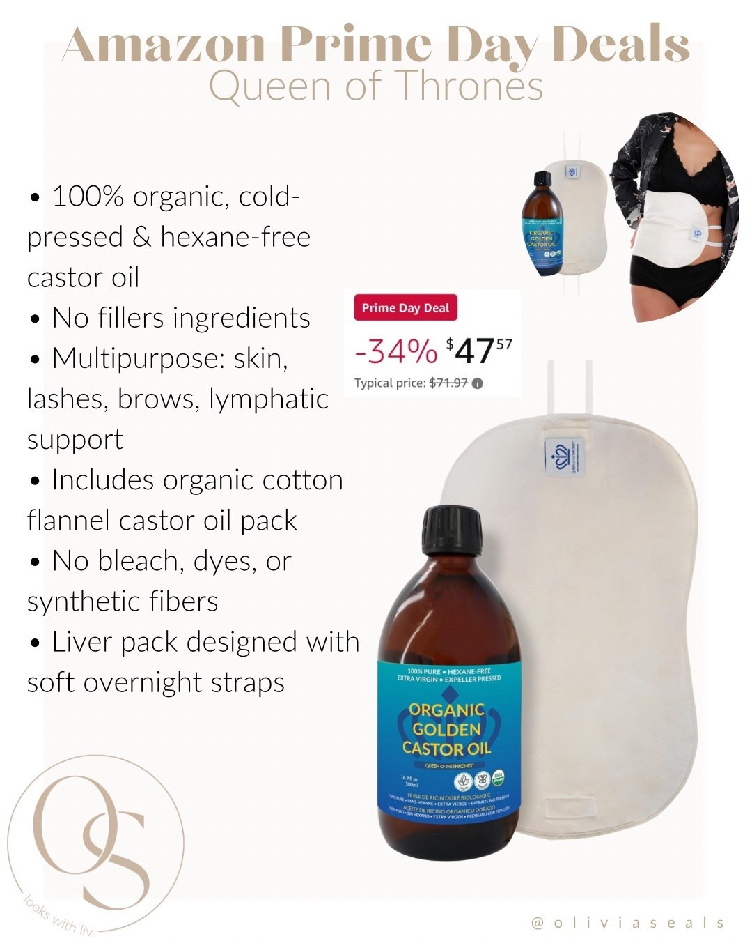 Castor oil packs are trending for a reason — and this set is 34% off for Prime Day!
I’ve been using this Queen of Thrones organic castor oil + liver pack for a couple of weeks now and really like it so far. It’s too soon to claim big results, but I love how clean and easy it is to use. The oil is 100% organic, cold-pressed, and free of fillers — and the pack is made with organic cotton flannel and soft straps for overnight wear.

If you’ve been curious about castor oil packs, this is a great one to start with!

#LTKBeauty #LTKSaleAlert #LTKFindsUnder50