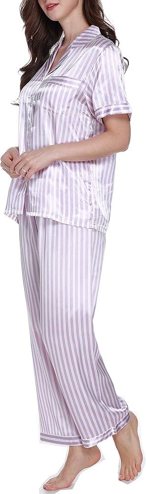 Lavenderi Women's Short Sleeves Classic Satin Pajama Set | Amazon (US)