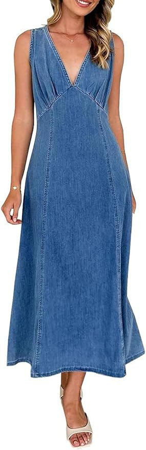 yoeasy Women's Summer Denim Dress Sleeveless V Neck High Waist Trendy Casual A Line Jean Maxi Dre... | Amazon (US)