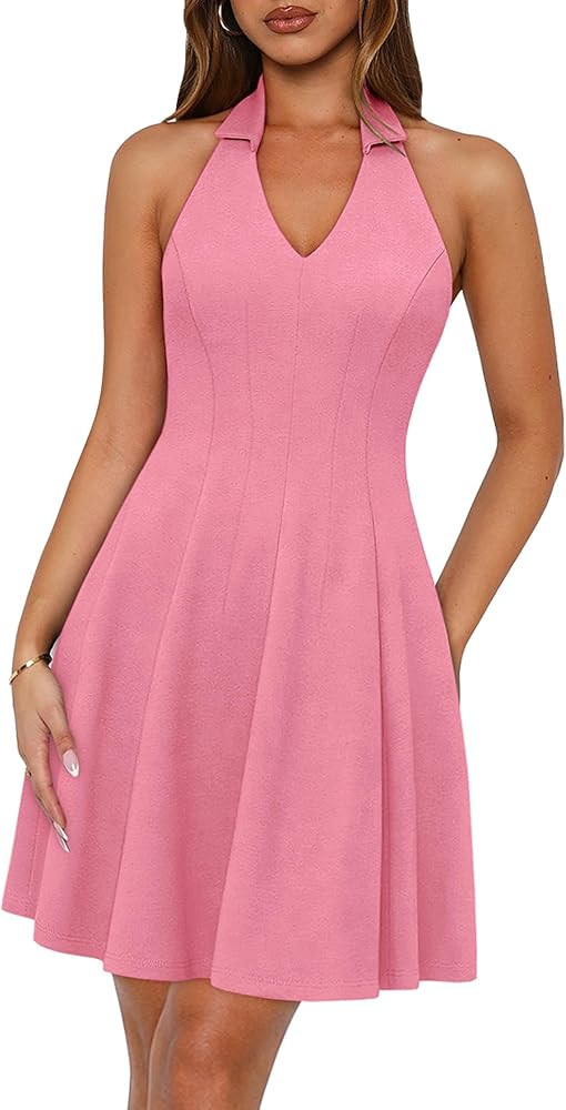 Lazysmile Summer Dresses for Women Sleeveless Halter Lapel V Neck Backless A Line Formal Cocktail... | Amazon (US)