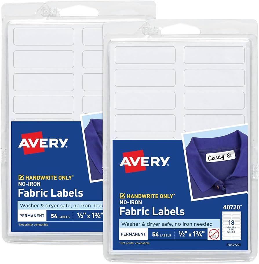 Avery No-Iron Fabric Labels, 1/2" x 1-3/4", Washer and Dryer Safe, White, Non-Printable, 54 Label... | Amazon (US)