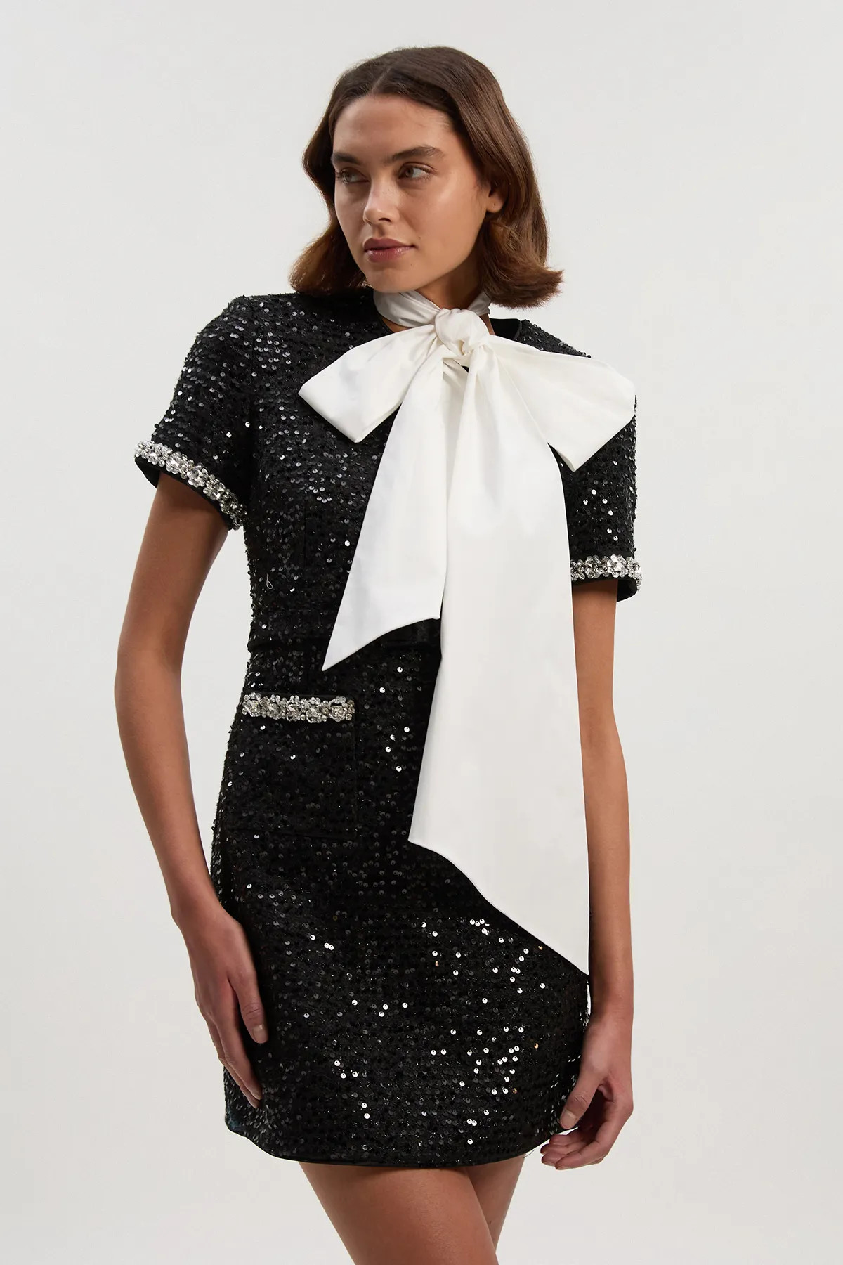 Tailored Sequin Tweed Tie Bow Neck Embellished Mini Dress | Karen Millen UK + IE + DE + NL
