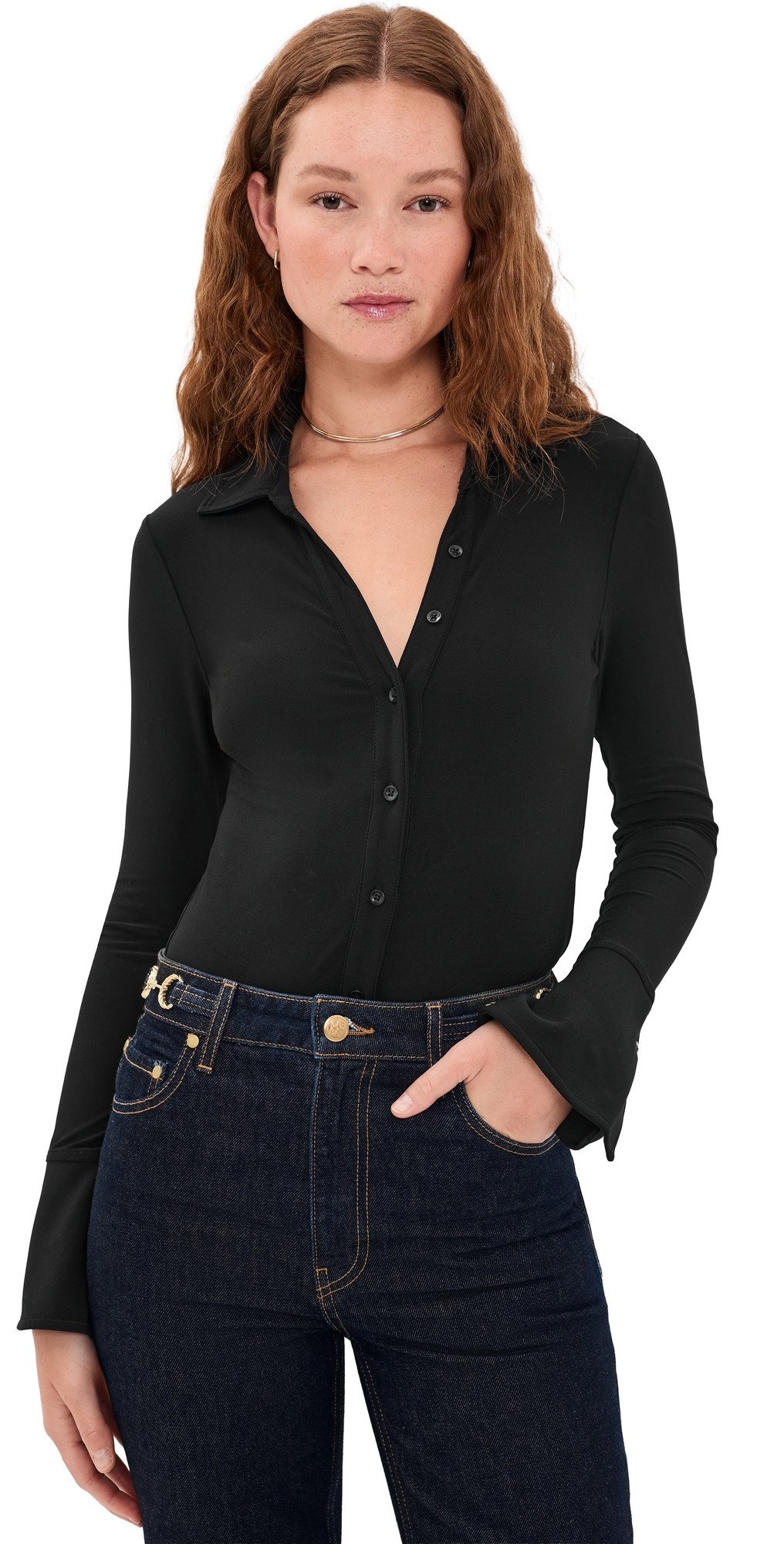 ALICE + OLIVIA Freya Fitted Button Down Thong Bodysuit Black M | Shopbop