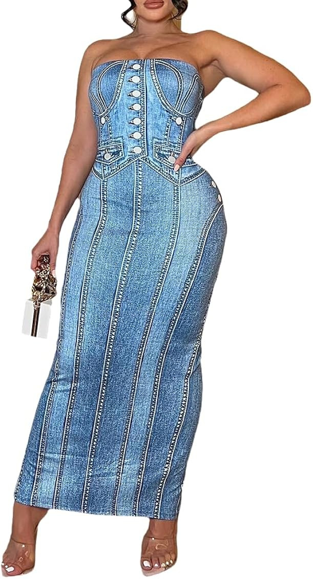 Summer Dresses for Women 2024 Off Shoulder Strapless Tube Mixi Dress Y2K Party Club Long Dresses ... | Amazon (US)