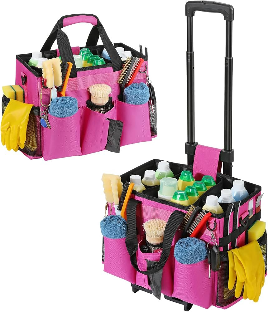 Housolution Rolling Cleaning Caddy Bag with Wheels, Rose Red | Amazon (US)