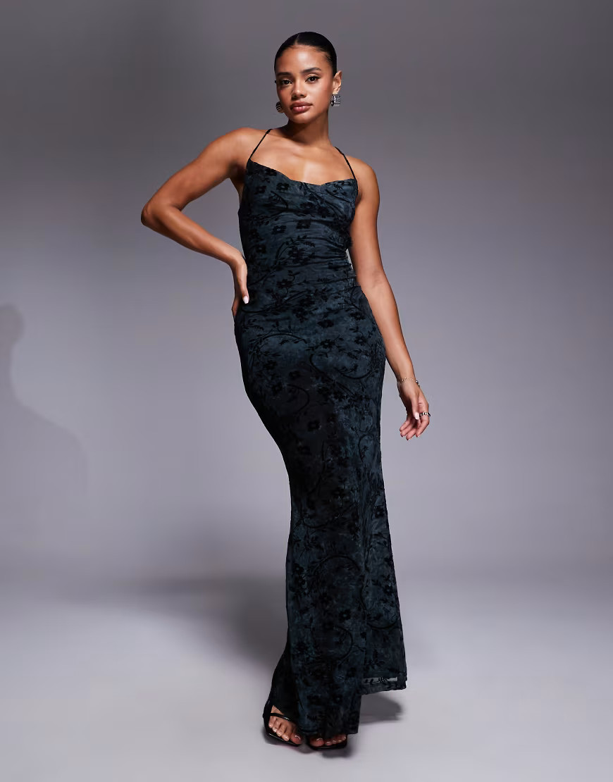 Princess Polly Giorgiana mesh cowl neck cami maxi dress in green & black floral | ASOS (Global)