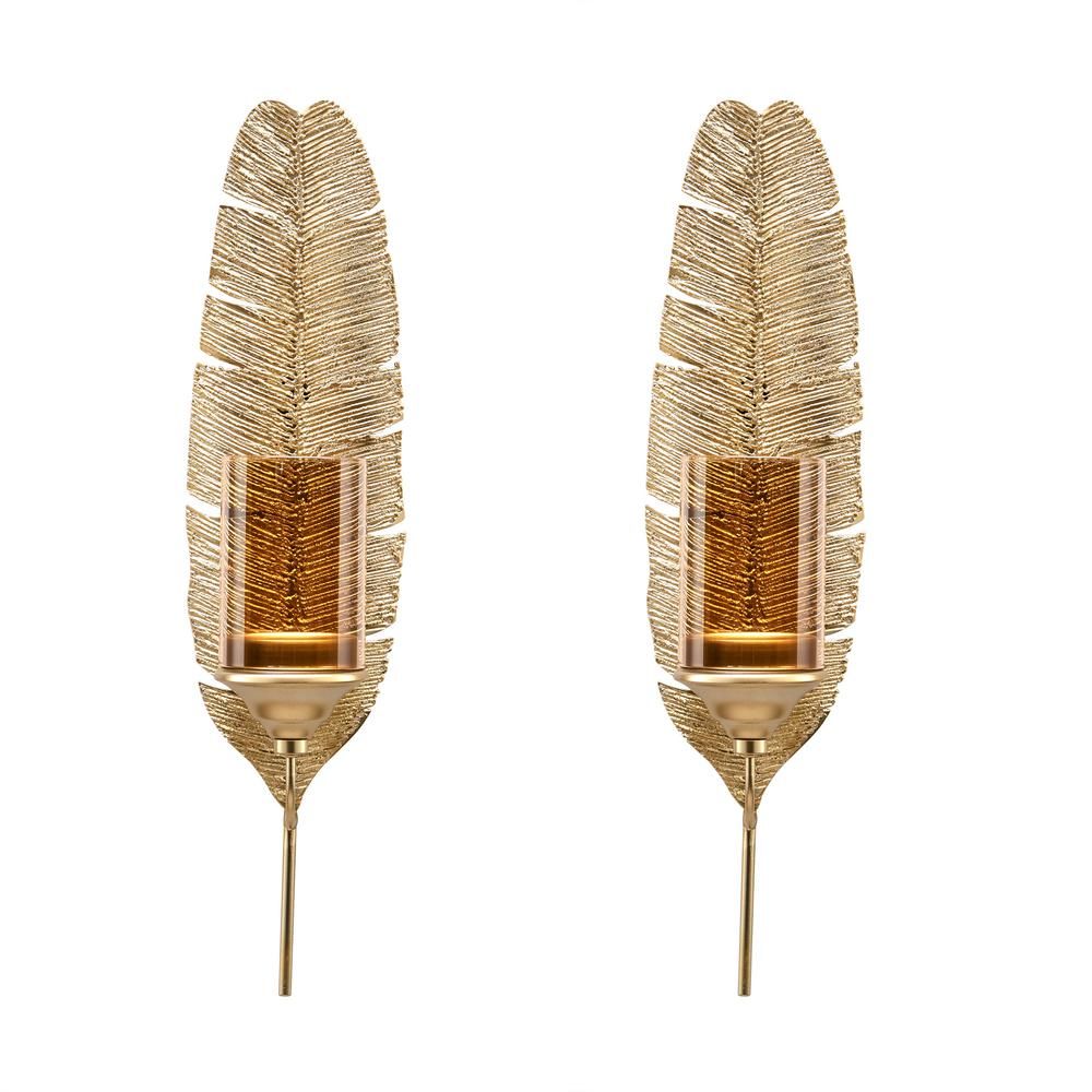 DANYA B Ava 17 in. Gold Feather Wall Candle Sconces (Set of 2) | The Home Depot