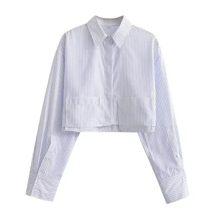 Utoimkio Women s Striped Button Down Cropped Shirts Classic Long Sleeve Stylish Collared Office Work Blouses Crop Tops for Women | Walmart (US)