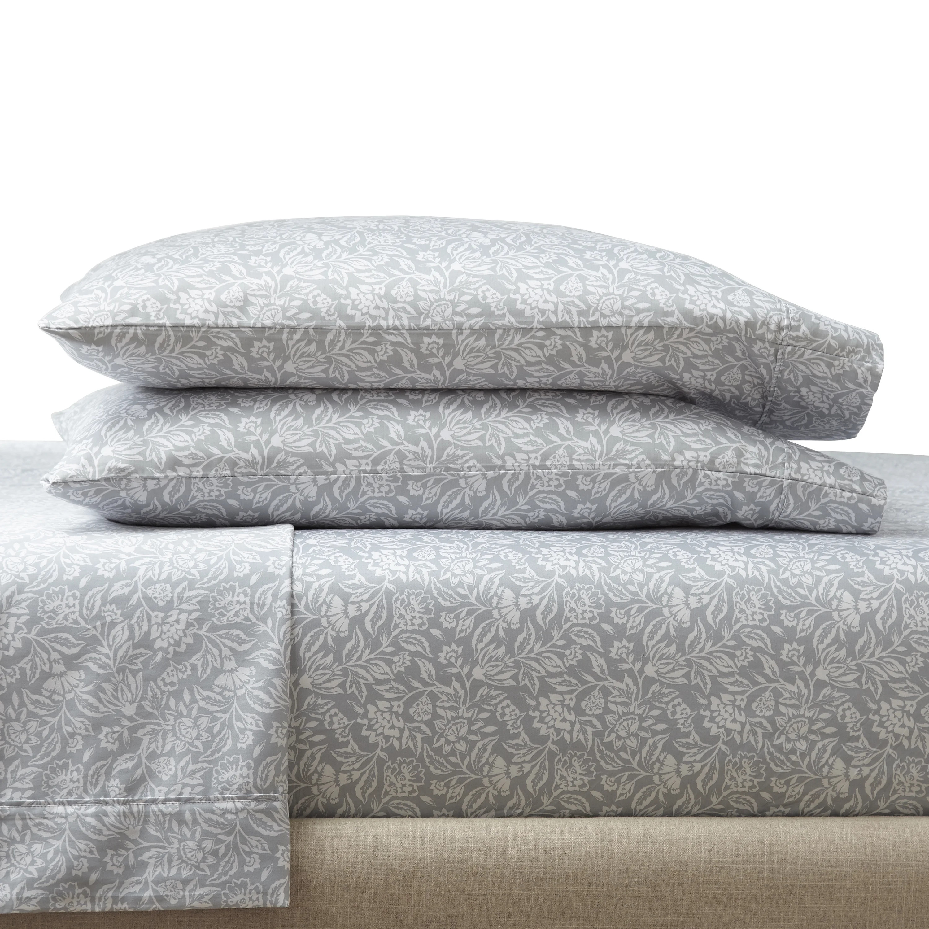 Better Homes & Gardens 3-Piece 300 Thread Count Floral Soft Silver Cotton Sateen Bed Sheet Set, T... | Walmart (US)