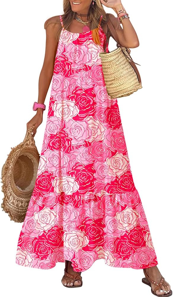 Dokotoo Women Summer Dresses 2025 Spaghetti Strap Scoop Neck Smocked Ruffle Flowy Boho Maxi Dress | Amazon (US)