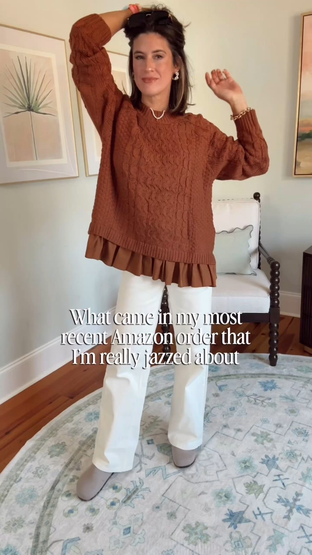 Sized up to a medium in all for a more relaxed fit. My jeans are from Walmart and sold out in cream but have other washes available! 