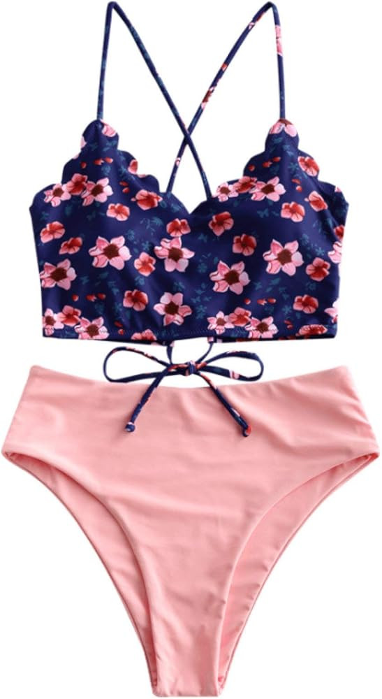 ZAFUL Women's Floral Leaf Print Lace-up Criss Cross Tankini Set High Waisted Scoop Collar Padded ... | Amazon (US)