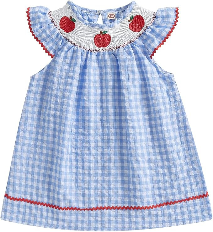 Toddler Girl Back to School Dress Embroidery Short Sleeve Smocked Dress First Day of Preschool Ki... | Amazon (US)