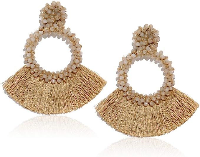 Women's Beaded Tassel Earrings Statement Fringe Drop Bohemian Chandelier Earrings Geometric Dangl... | Amazon (US)